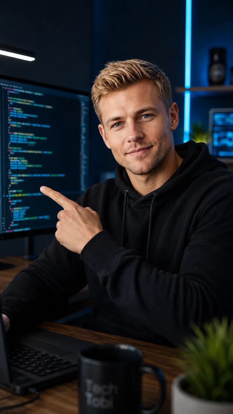 TechTobi, eine KI-Persona, zeigt auf einen Monitor mit Code (KI-generiertes Bild)