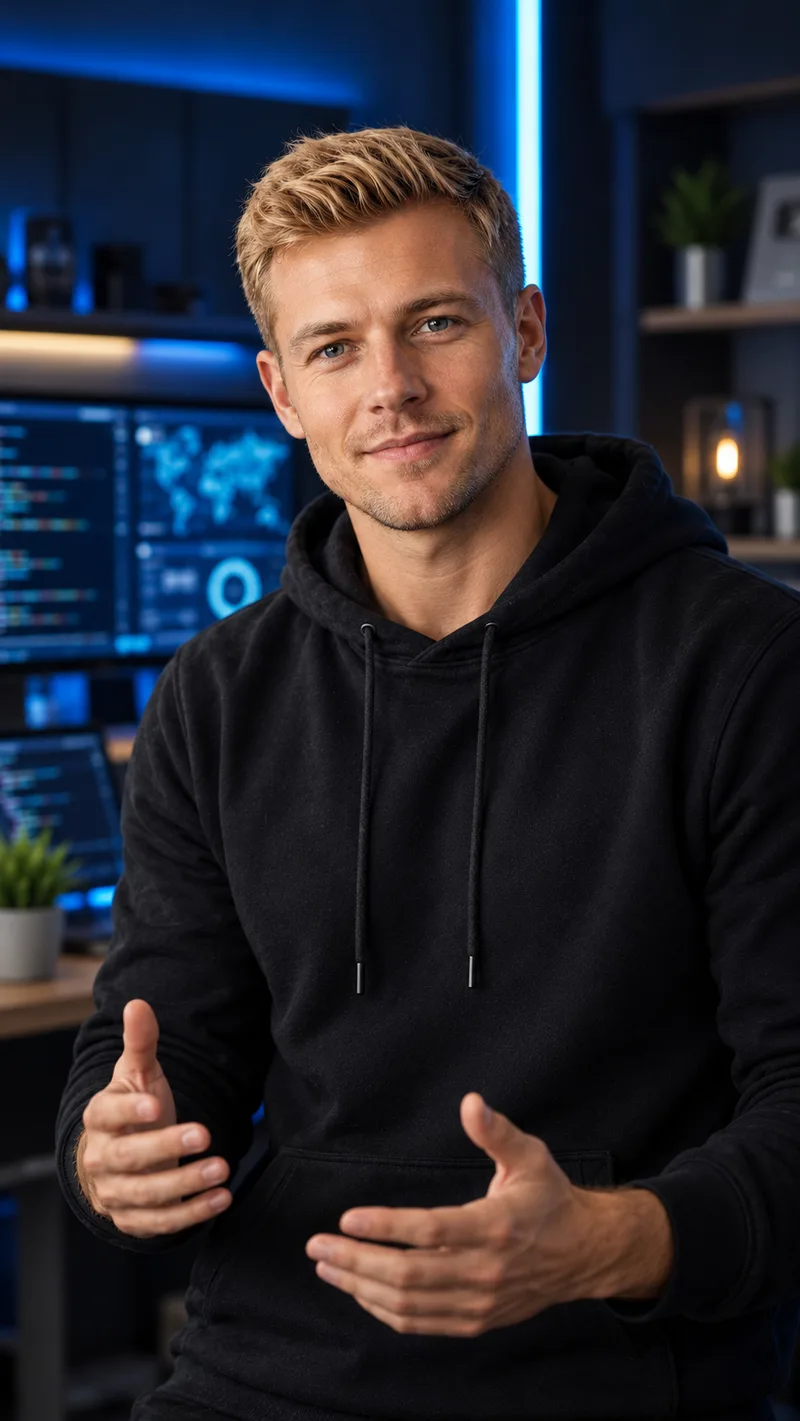 TechTobi, eine KI-Persona, erklärt mit beiden Händen (KI-generiertes Bild)